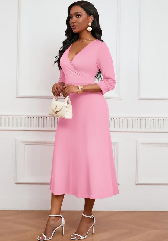 Elegant Women's Wrap V-Neck Midi Dress for Wedding Guest - 3/4 Sleeve High Waist Casual Dress - Perfect for Cocktail Parties, Date Nights & Special Occasions