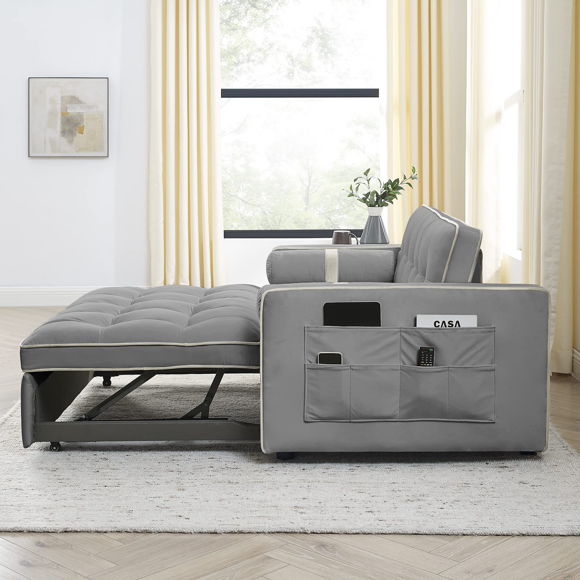 JULYFOX Gray Velvet Pull-Out Sleeper Sofa - 55