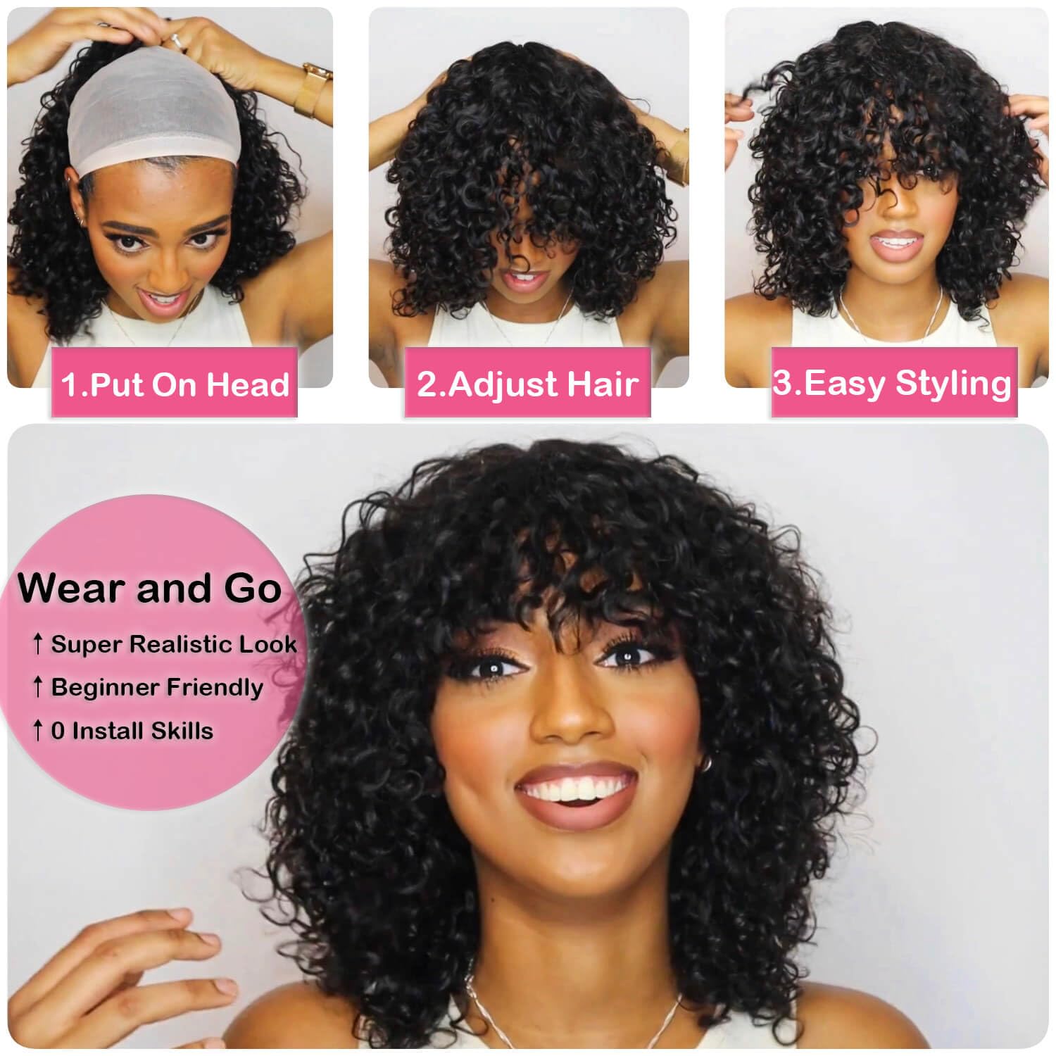 100% Brazilian Virgin Human Hair Wig - Glueless Short Water Wave Bob with Bangs for Black Women | 180% Density No Lace Wavy Bang | 12 Inch Natural Black | Perfect for Daily Wear, Cosplay & Protective Styling