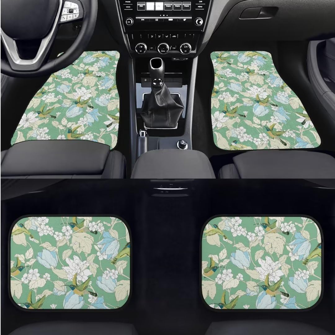 Premium Green Floral Bird Car Seat Covers Full Set - 4-Piece Car Mats, Steering Wheel Cover, Armrest & Seat Belt Protectors | Universal Fit for Sedans, SUVs & Trucks | Waterproof & Anti-Slip Interior Accessories for Comfort & Style