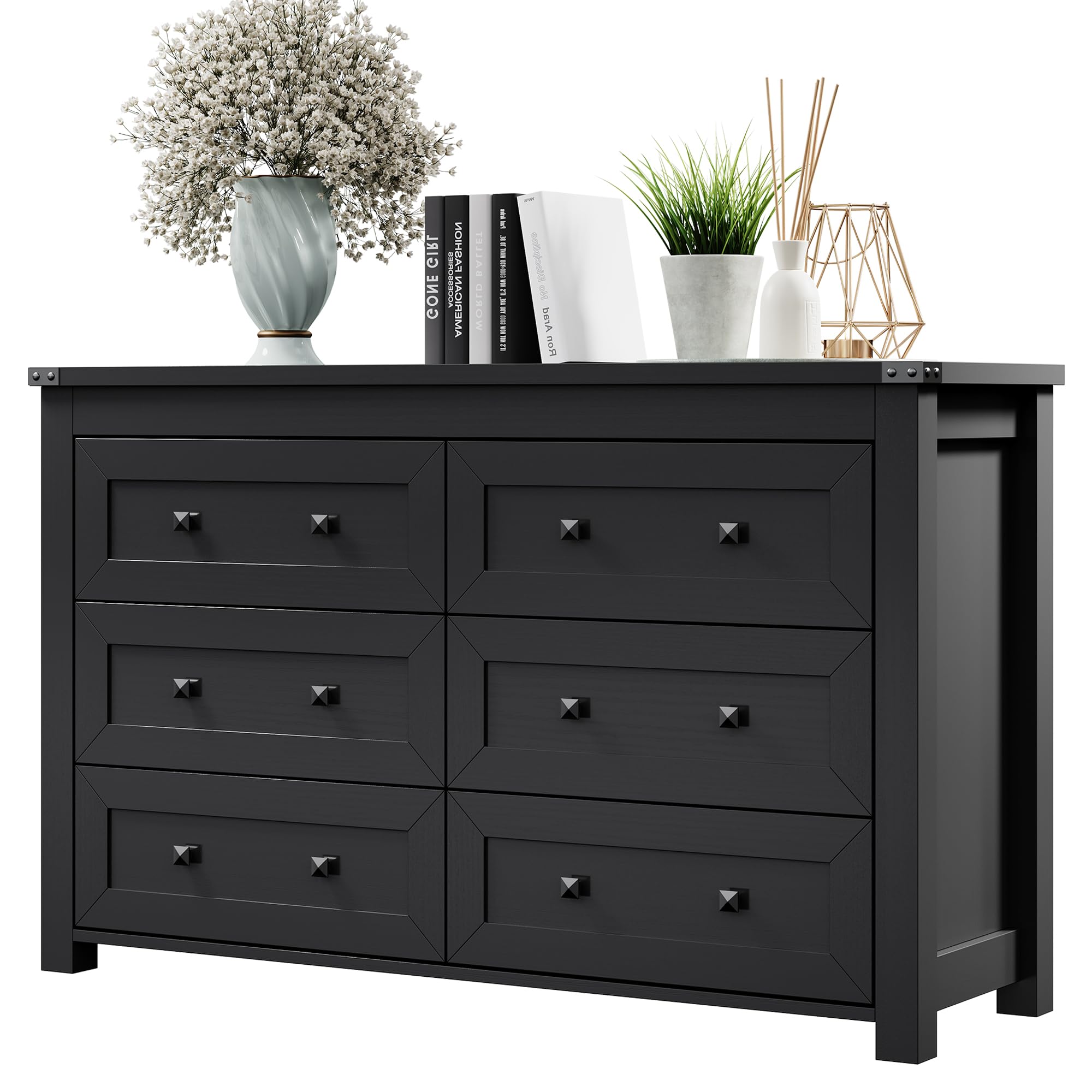 6-Drawer Farmhouse Dresser for Bedroom - Solid Wood Chest of Drawers with Metal Handles | Wide TV Stand & Closet Storage Organizer | Perfect for Hallway, Living Room & Entryway | Modern Black Furniture for Home Organization
