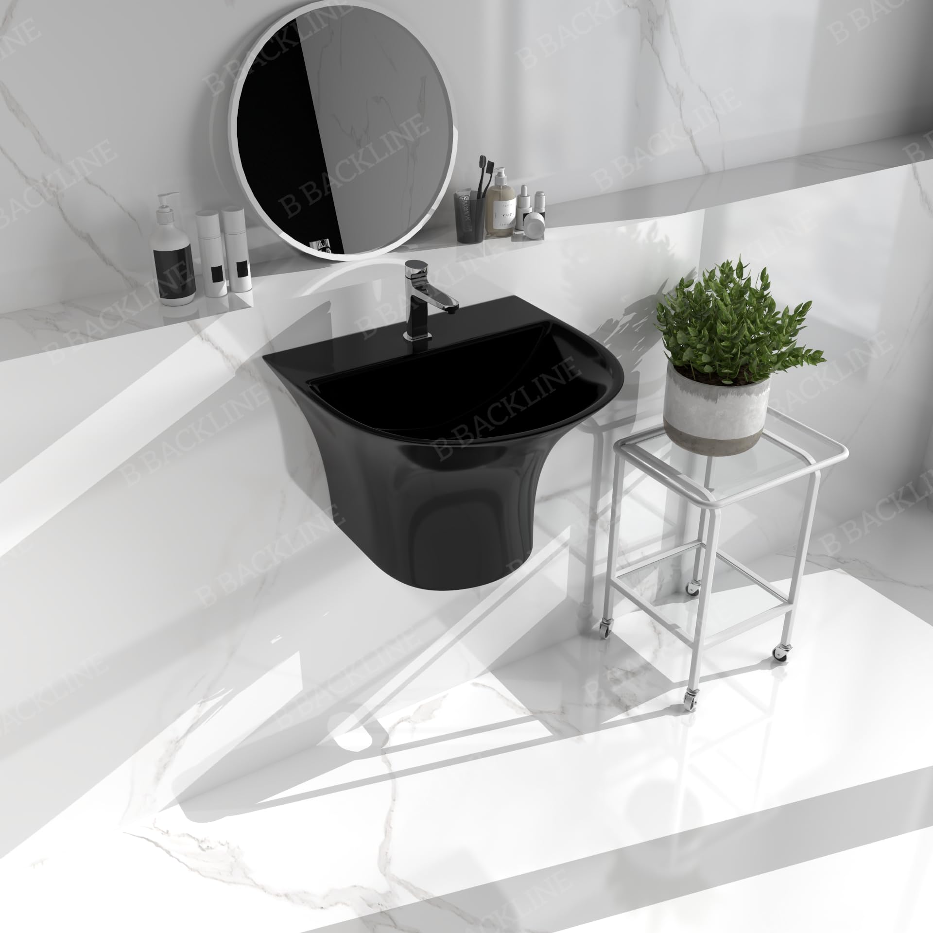 Luxury Ceramic Wall Mount Wash Basin - Black Glossy for Bathroom & Livingroom