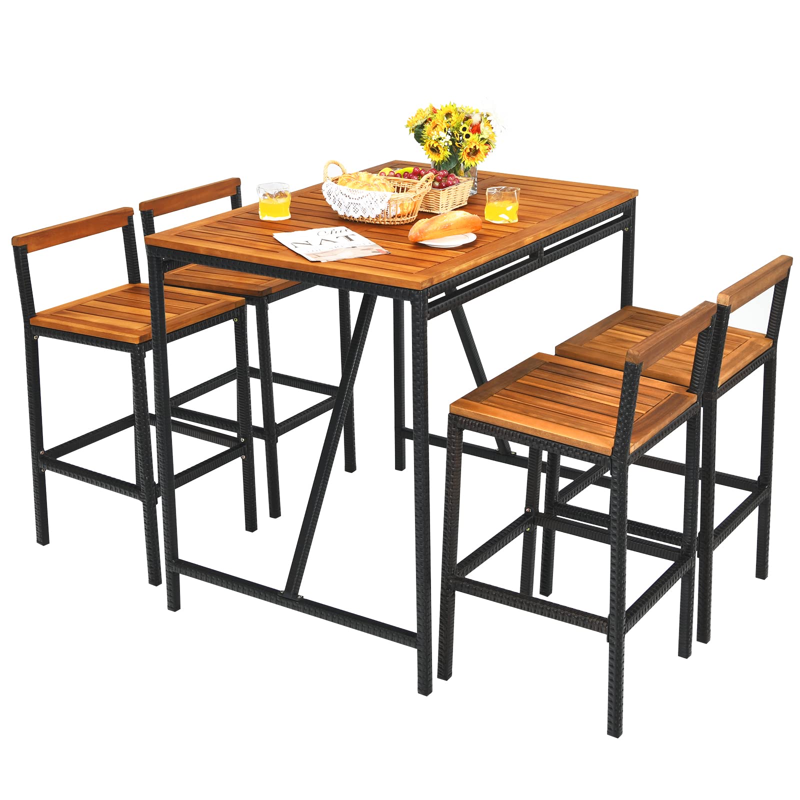 Tangkula 5-Piece Acacia Wood Outdoor Bar Set with Umbrella Hole - Black Rectangular Bar Table & 4 Rattan Bar Stools for Patio, Garden, Backyard Dining & Entertaining