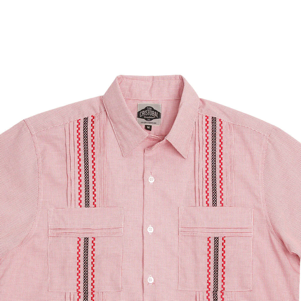 Can Cristobal Red Check Short Sleeve Guayabera Shirt for Men - Casual Summer Wear, Beach Vacation, and Tropical Party Outfit