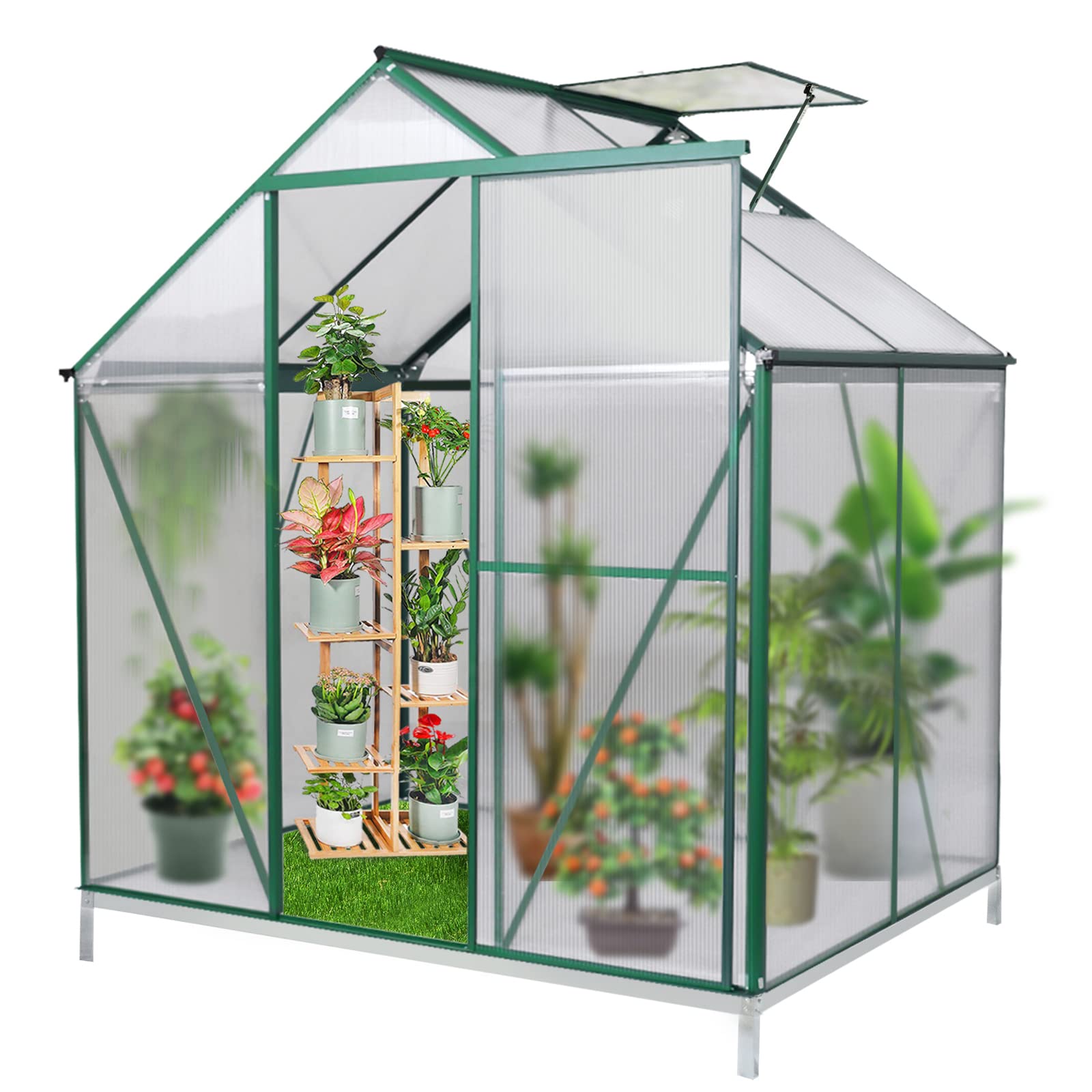 WACASA 4' x 6' Mini Outdoor Greenhouse Kit - Aluminum Frame with Polycarbonate Panels, Adjustable Roof Vent & Sliding Door - Perfect for Backyard Gardening, Plant Protection in Winter, Seed Starting & Year-Round Growing