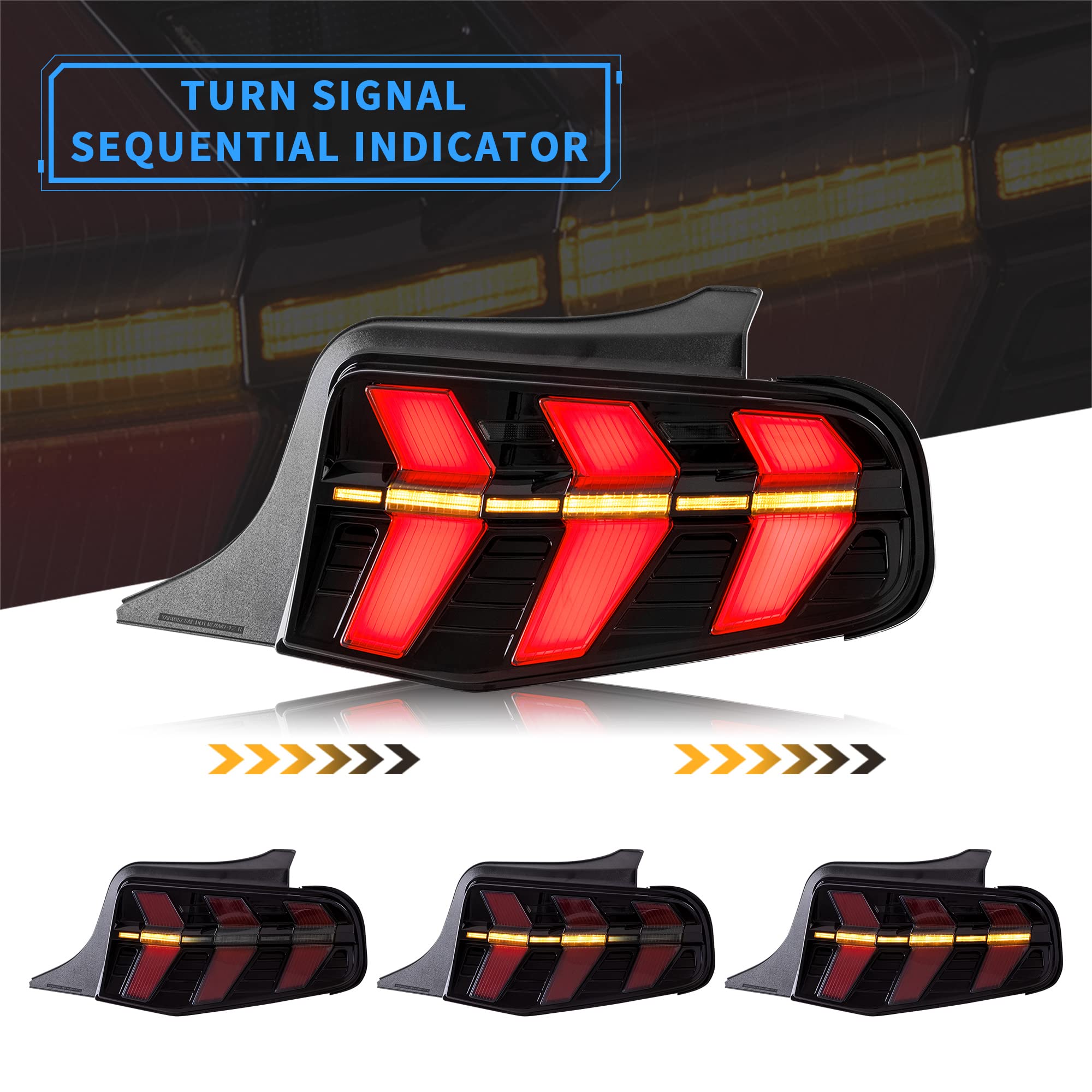 VLAND LED Tail Lights for Ford Mustang 2010-2012 - Sequential Amber Turn Signal, Smoked Lens, Pair (Left & Right) - Upgrade Your Ride for Night Driving & Car Shows