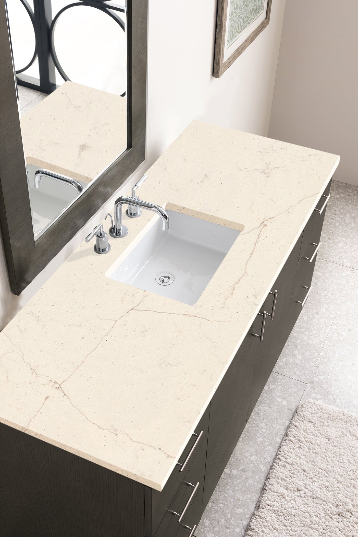 Metropolitan 60 Inch Single Bathroom Vanity Set with Eternal Marfil Quartz Countertop in Silver Oak - Perfect for Modern Master Bath & Powder Room Renovations