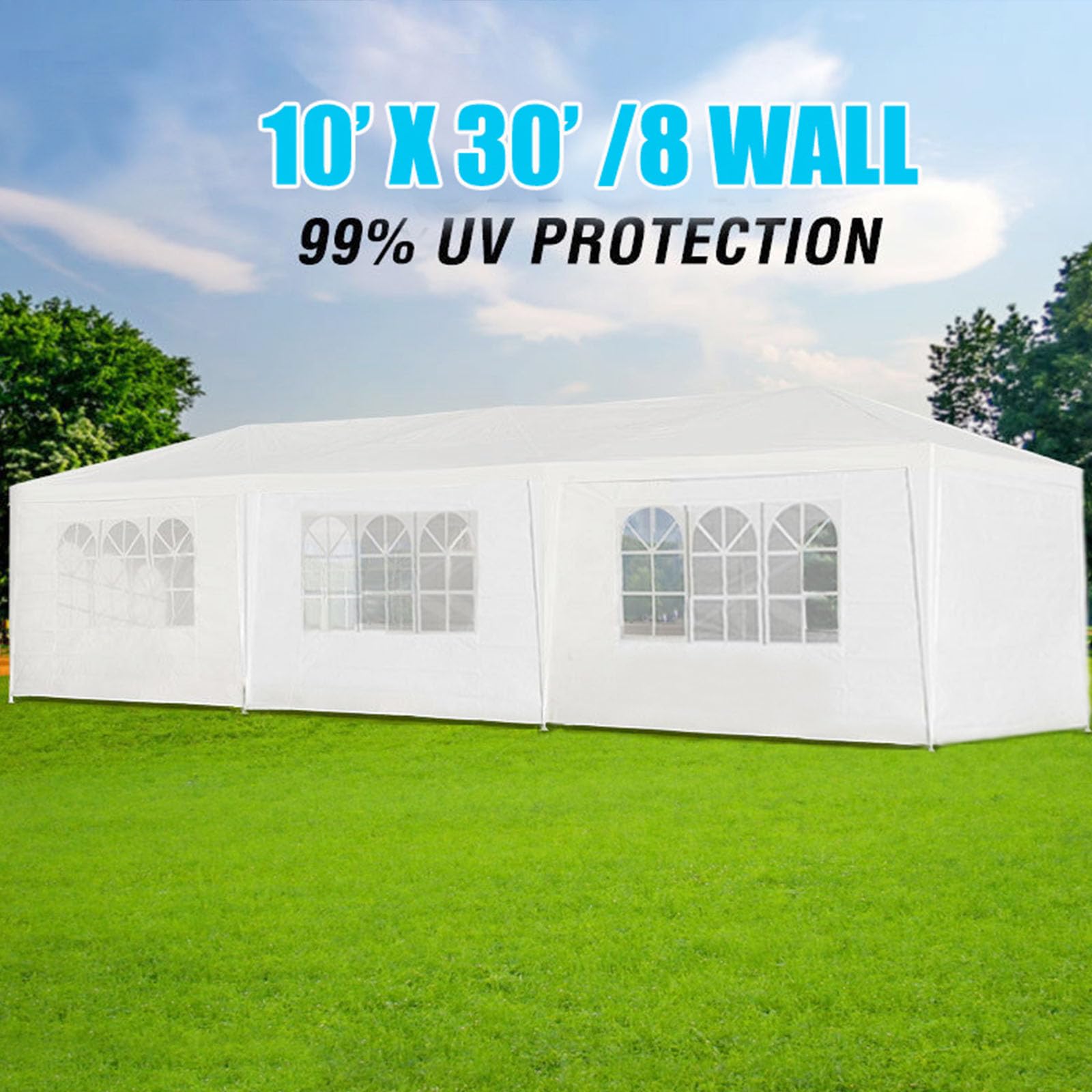10'x30' Heavy Duty Outdoor Party Tent with 8 Removable Sidewalls & 2 Zippered Windows - Waterproof Canopy for Weddings, Backyard Events, Festivals, and Camping - White Commercial Shelter for Outdoor Gatherings
