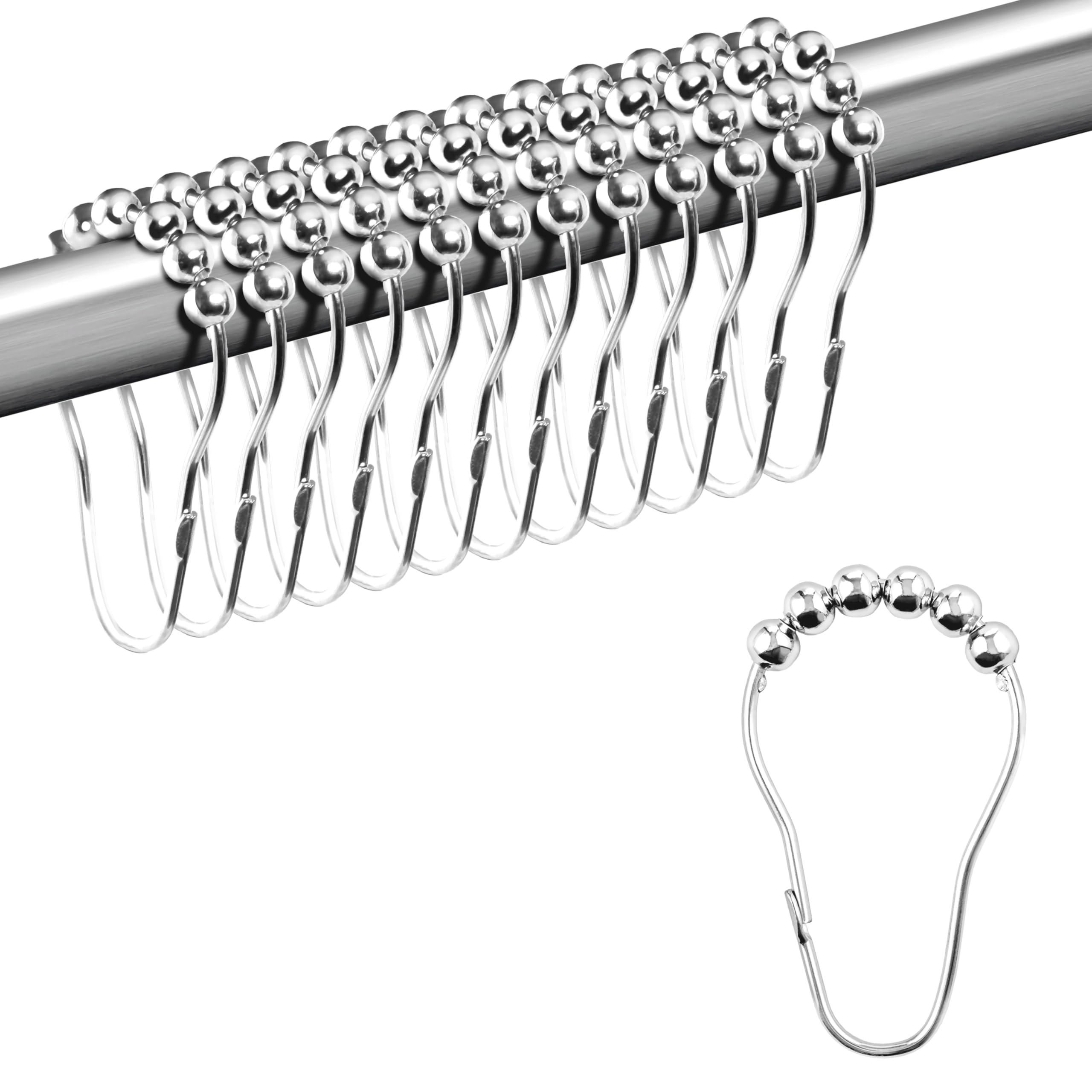 ikloo Stainless Steel Shower Curtain Hooks - 12 Pack Rustproof Chrome Bathroom Curtain Rings for Shower Rods | Durable Metal Hangers for Bath, Hotel & Home Decor