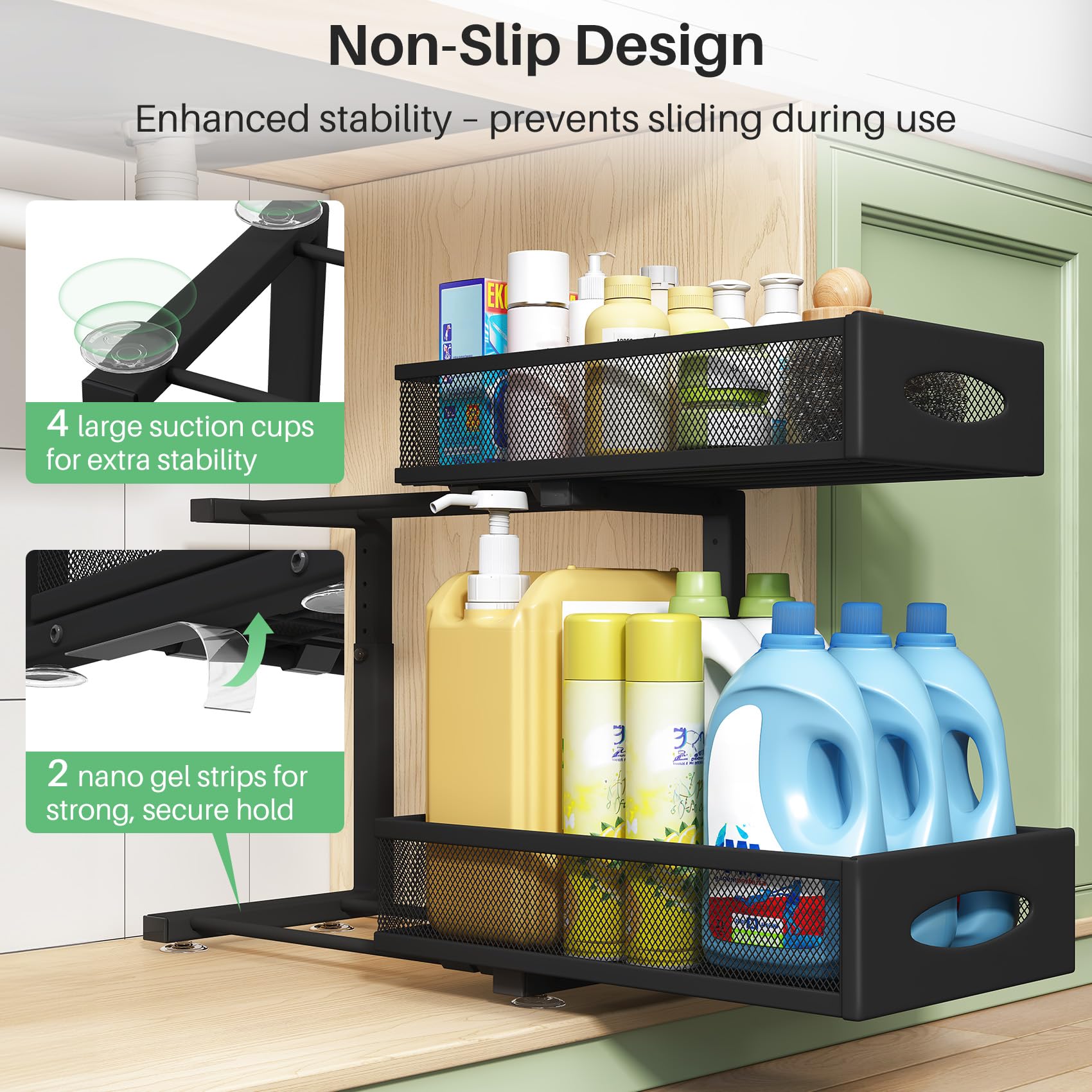 2-Tier Under Sink Organizer Set of 2 - Pull Out Mesh Cabinet Baskets with Sliding Drawers for Kitchen, Bathroom & Pantry Storage | Space Saving Sink Shelf Organizer for Home & Office Use (Black)