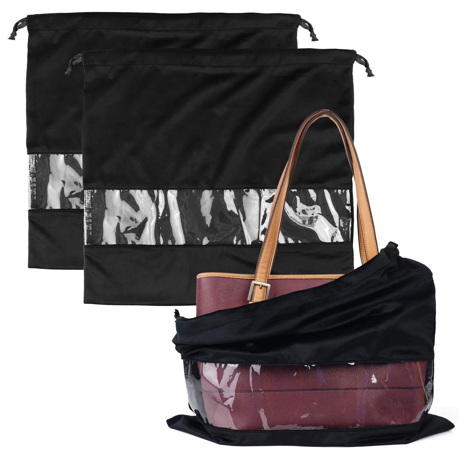 PlasMaller Dustproof Storage Bags Set of 2 - 17.7 x 15.7 Inch Terylene Flannel Drawstring Pouches with Clear View Window for Handbags, Purses, Shoes & Boots (Black) - Perfect for Closet Organization & Travel Accessory Storage
