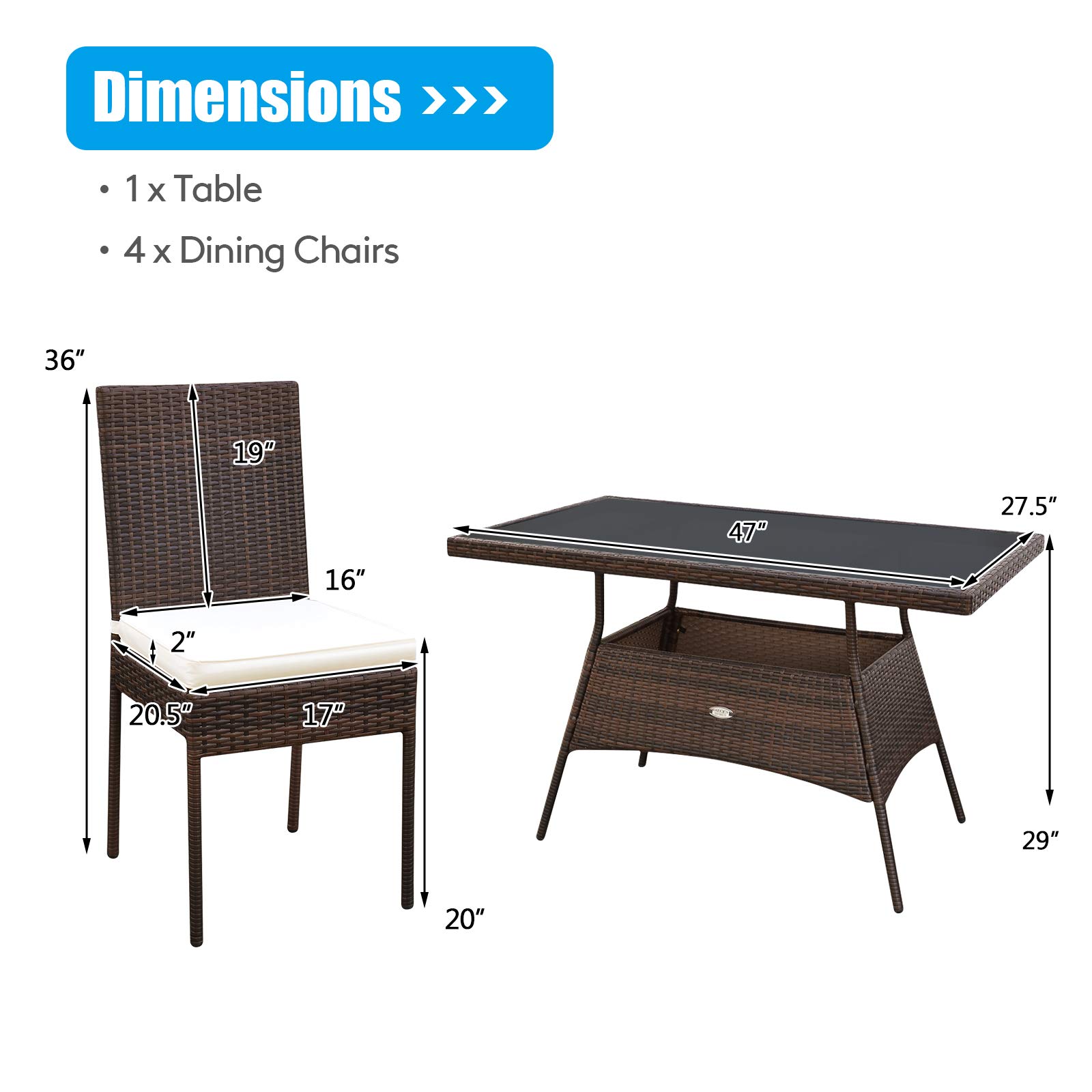 5-Piece Brown Patio Wicker Dining Set - Outdoor Rattan Table & Chairs with Tempered Glass Top & Cushions - Perfect for Backyard, Balcony, Garden & Poolside Dining