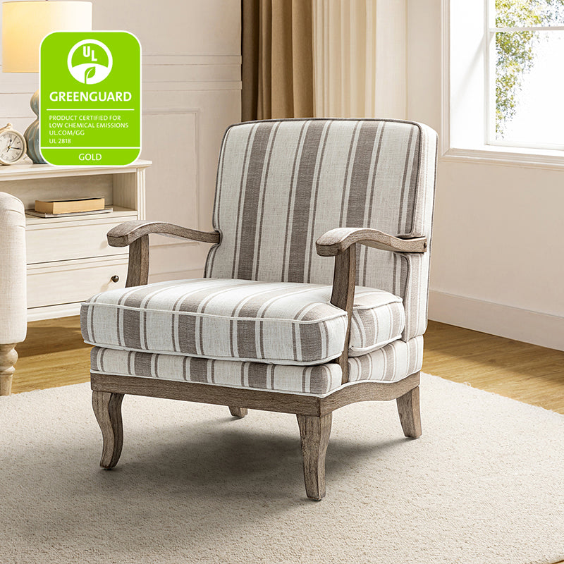 Randolph Romantic Upholstered Stripes Armchair with Solid Wood Armrests - Comfortable Living Room Accent Chair for Home Decor & Relaxation