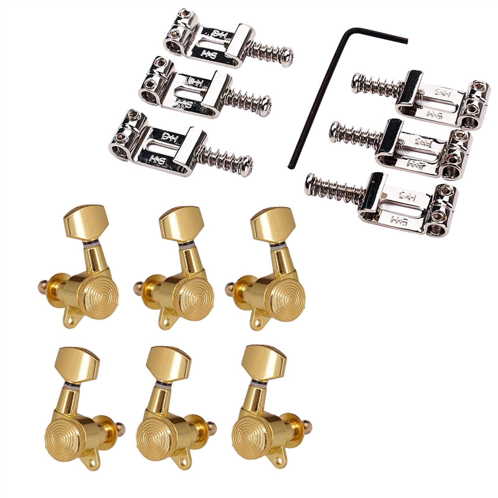 Premium Zinc Alloy Guitar Bridge Saddles & 3R3L Tuning Pegs Set - Replacement Parts for Stratocaster Electric Guitar - Perfect for String Replacement & Guitar Maintenance