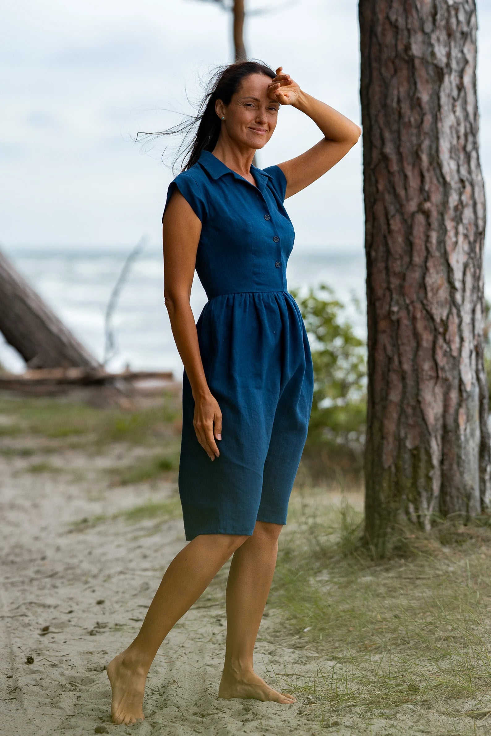 Elegant Fitted Linen Dress - Cinderella Style in Midnight Blue | Perfect for Summer Weddings, Garden Parties & Casual Outings