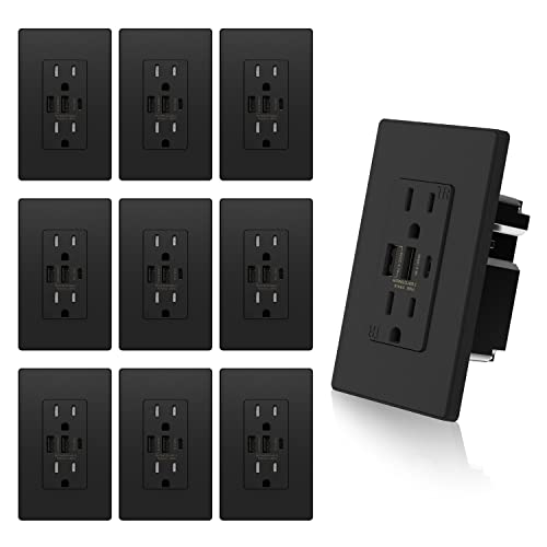 ELEGRP 3-Port USB C Wall Outlet - 30W 6.0A Fast Charging Electrical Receptacle with Tamper-Resistant Design | UL Listed USB Outlet with Screwless Matte Black Wall Plate (10 Pack) | Perfect for Home, Office & Hotel Room Charging Stations