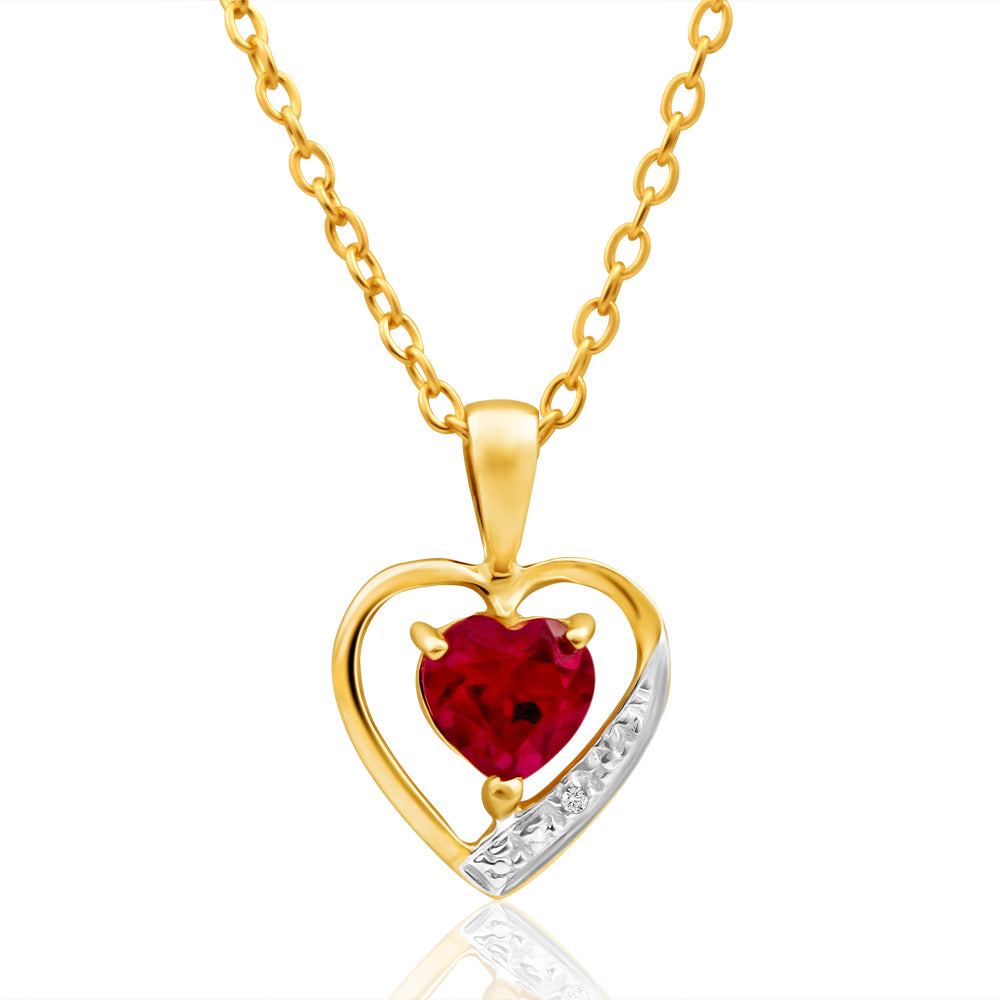 9ct Yellow Gold Created Ruby and Diamond Pendant Necklace - Elegant Jewelry Gift for Women, Perfect for Valentine's Day, Anniversary or Birthday
