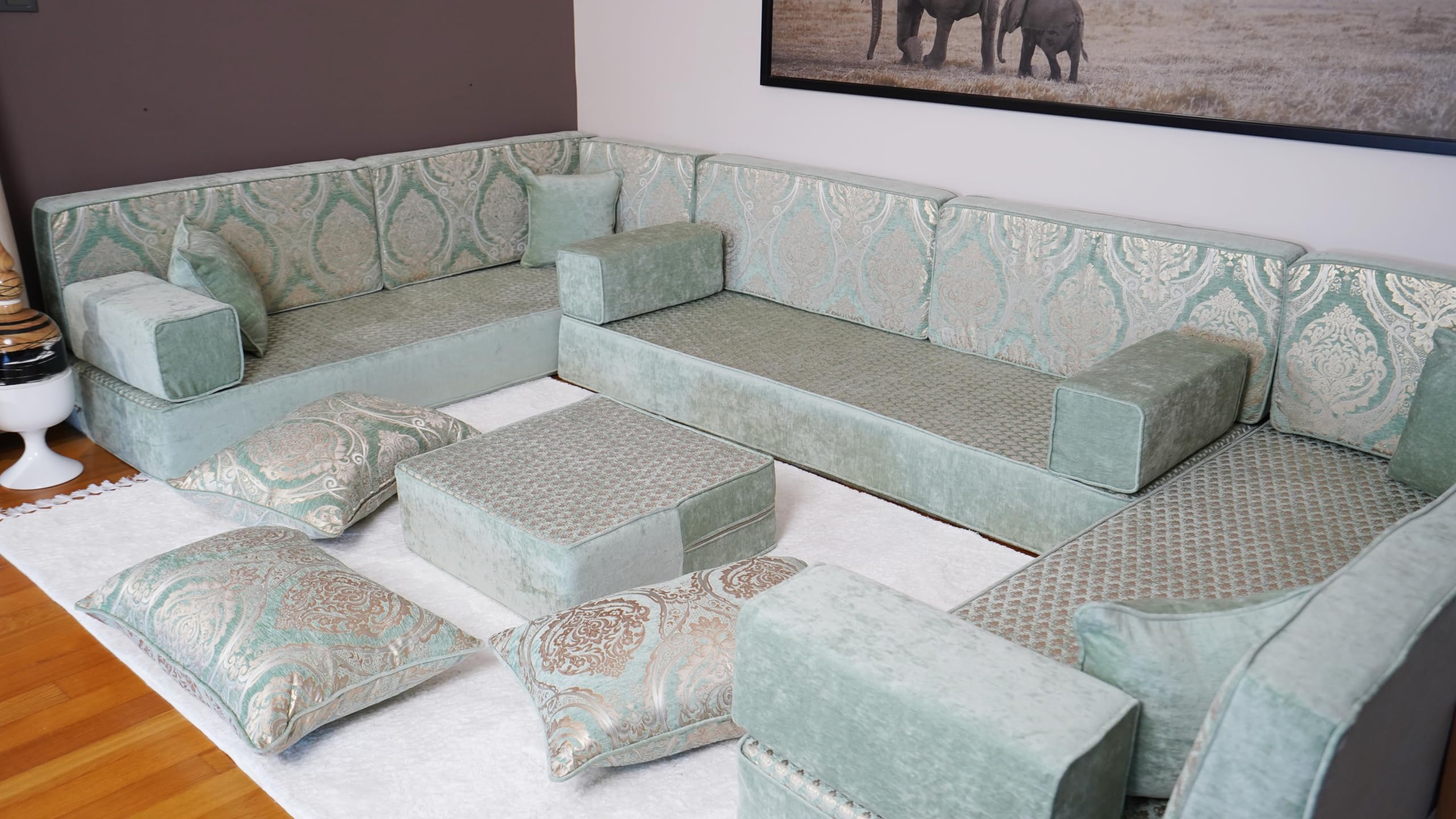 Premium Arabic Diwan Sofa Set with Ottoman & Cushions - 8