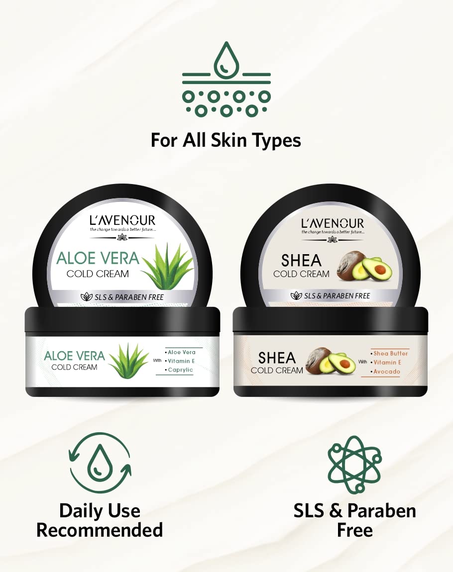 L'avenour Shea & Aloe Vera Cold Cream for Dry Skin - Vitamin E Enriched with Shea Butter, Aloe Vera, Avocado - SLS & Paraben Free Moisturizing Cream for Hands & Body - 200ml (Pack of 2) | Perfect for Winter Care, Night Routine & Sensitive Skin Hydration