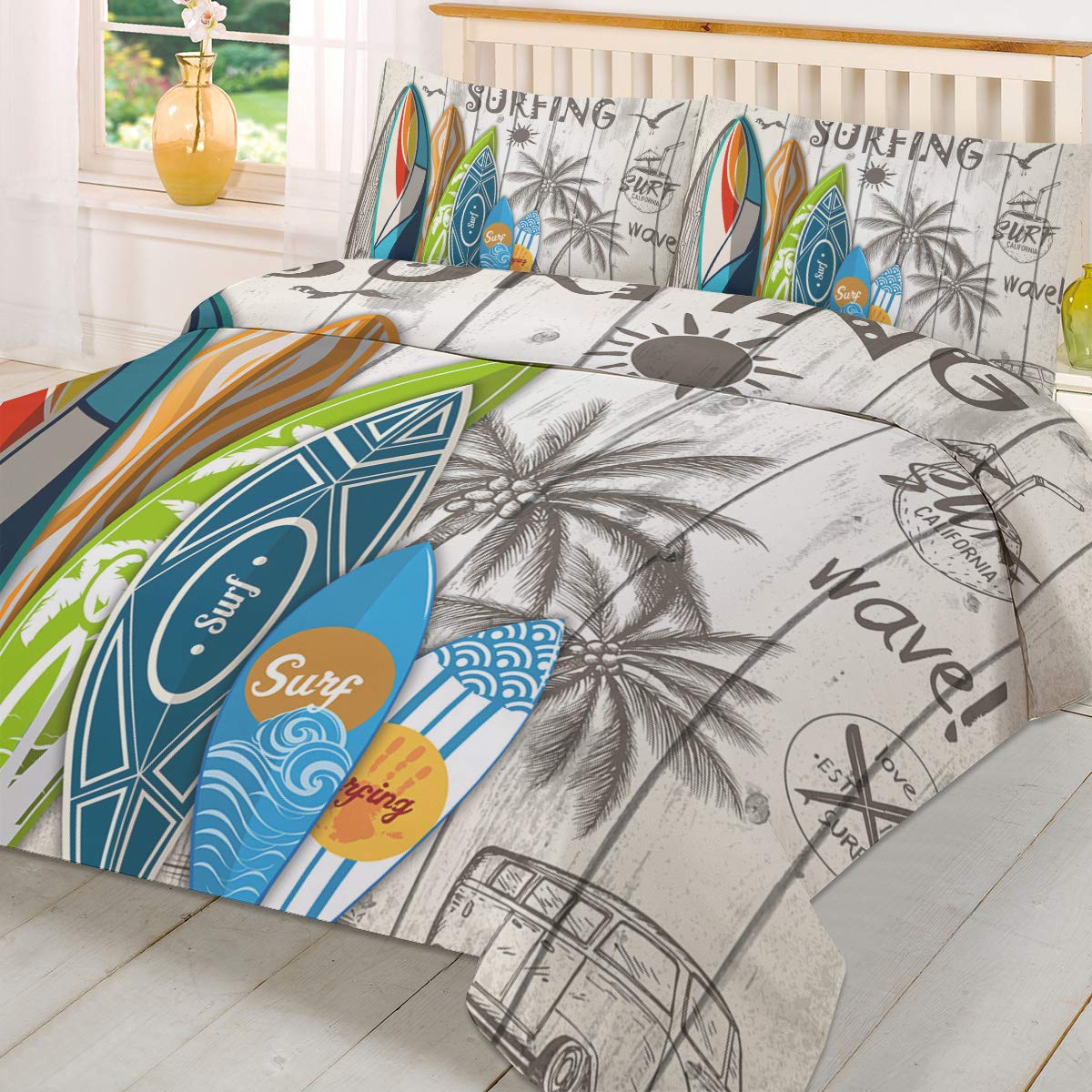 3-Piece Queen Size Floral Surfboard & Palm Tree Duvet Cover Set with Zipper Closure - Summer Wave Black Bedding for Kids, Teens & Adults | Perfect for Beach-Themed Bedrooms & Vacation Homes