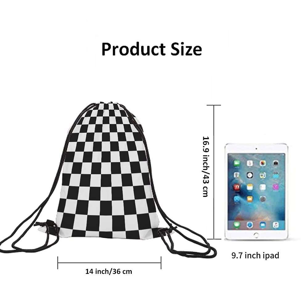 Checkerboard Drawstring Backpack - Black & White Geometric Plaid Pattern Gym Sack for Sports, Yoga, Chess & Racing | Durable String Bag for Men & Women | Perfect for Gym, Travel & Outdoor Activities