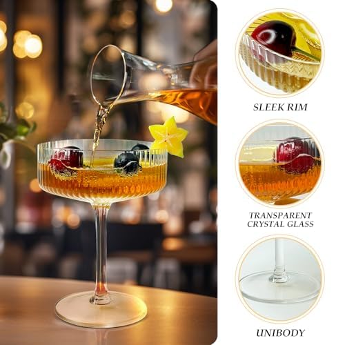 4 Pcs Vintage Ribbed Coupe Glasses Set - 10 oz Classic Cocktail Glasses for Champagne, Wine & Martinis - Elegant Barware & Party Drinkware - Perfect for Home Bars, Weddings & Gifts (Dishwasher Safe)