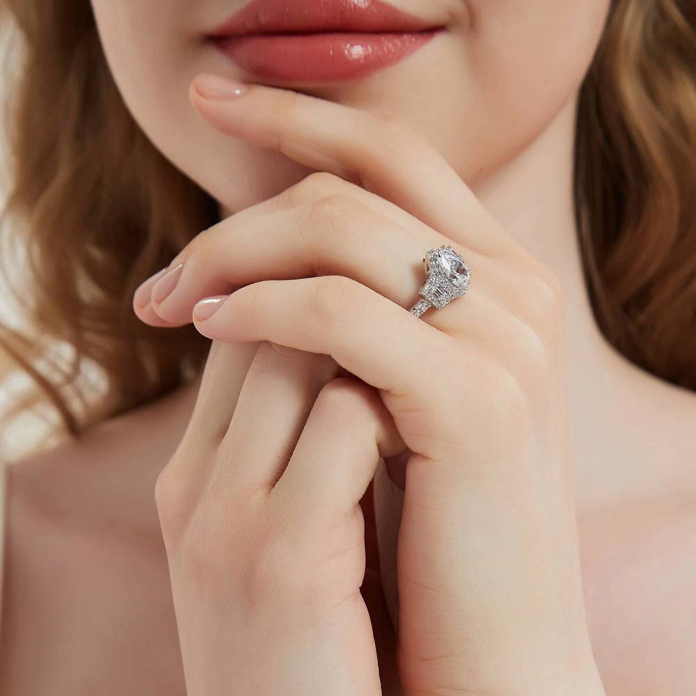 BERRICLE Sterling Silver 3-Stone Pear Cut Cubic Zirconia Engagement Ring for Women - 1.3 Carat CZ Halo Wedding Ring, Rhodium Plated Size 4-10 - Perfect for Proposals, Anniversaries & Special Occasions