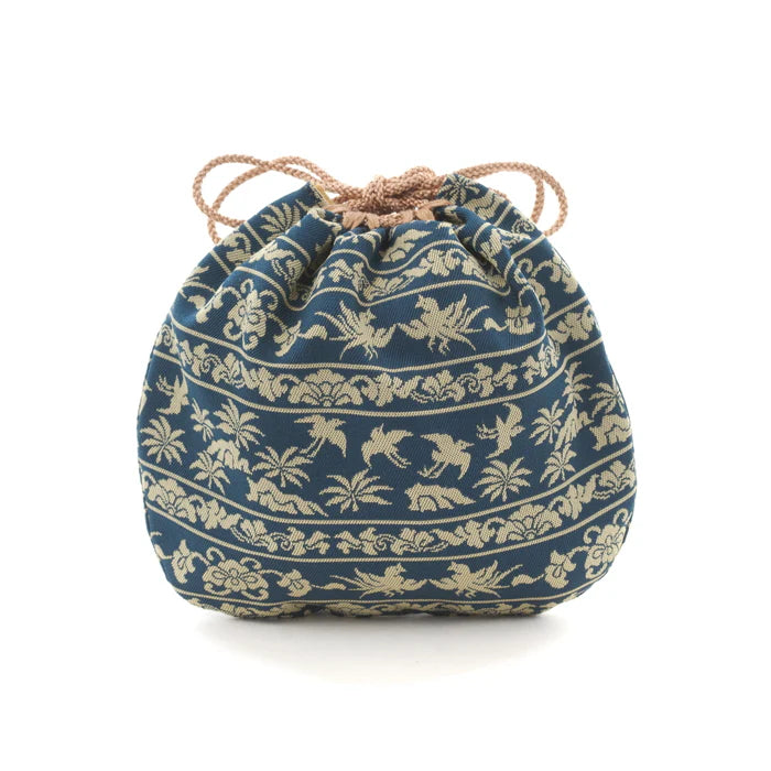 Nishijin Ori Small Drawstring Bag - Bird & Navy Blue - Handmade in Kyoto Japan - Traditional Japanese Craft Purse - Perfect for Gifts, Jewelry Storage & Cultural Events