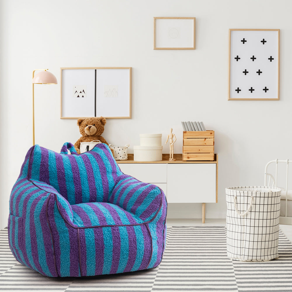 MAXYOYO Sherpa Kids Bean Bag Chair - Soft & Cozy Bean Bag Couch with Decorative Edges for Boys & Girls, Perfect for Bedroom, Playroom or Reading Nook (Stripe Blue)