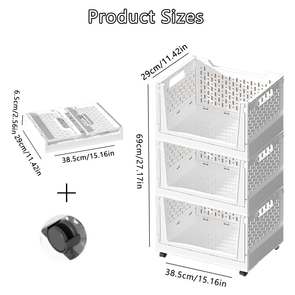 Stackable Plastic Storage Baskets with Wheels - 3 Pack Organizer Bins for Closet, Office, Bedroom, Wardrobe & Kitchen - White Storage Containers for Shelves & Drawers - Perfect for Home Organization & Space Saving
