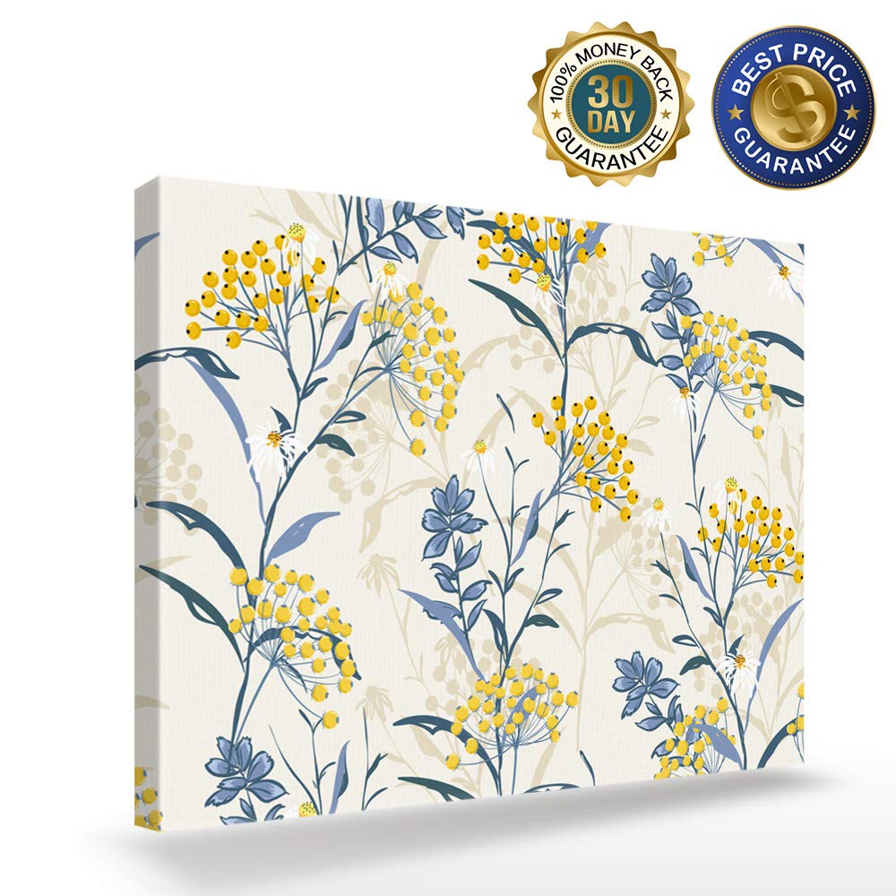 Summer Fresh Blue Yellow Flower Oil Painting on Canvas - Stretched and Framed Floral Wall Art for Bedroom, Living Room, Bathroom Decor | Perfect for Home, Office & Gift Giving