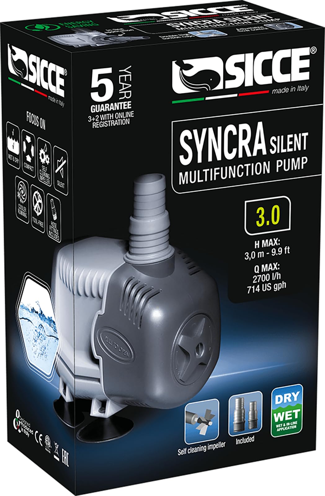SICCE Syncra Silent 3.0 Submersible Water Pump - 714 GPH Ultra Quiet Aquarium Pump for Fish Tank, Pond, Fountain | Italian Made 48W Durable Design for Freshwater & Saltwater | Perfect for Hydroponics, Terrariums & Water Features
