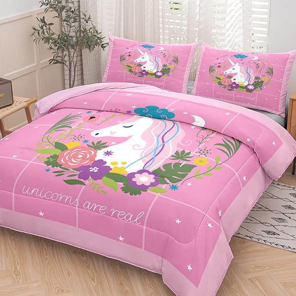 Unicorn Comforter Set Twin Size - Pink Floral Kids Bedding for Girls with 1 Pillowcase | Soft & Cozy Bed Set for Unicorn Themed Room Decor | Perfect for Kids' Bedrooms, Sleepovers & Birthday Gifts