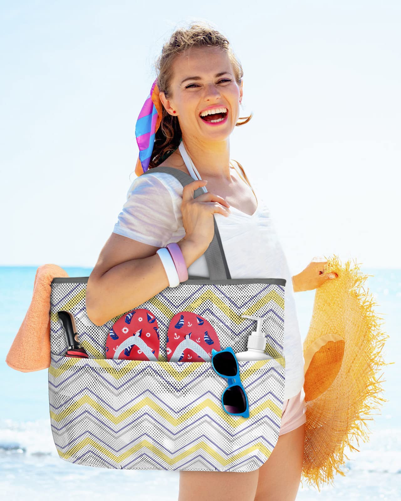 Mesh Beach Tote Bag - 60L Oversized Chevron Striped Swim Bag with Pockets | Quick-Dry, Foldable & Lightweight | Perfect for Beach, Pool, Grocery Shopping & Toy Storage (24