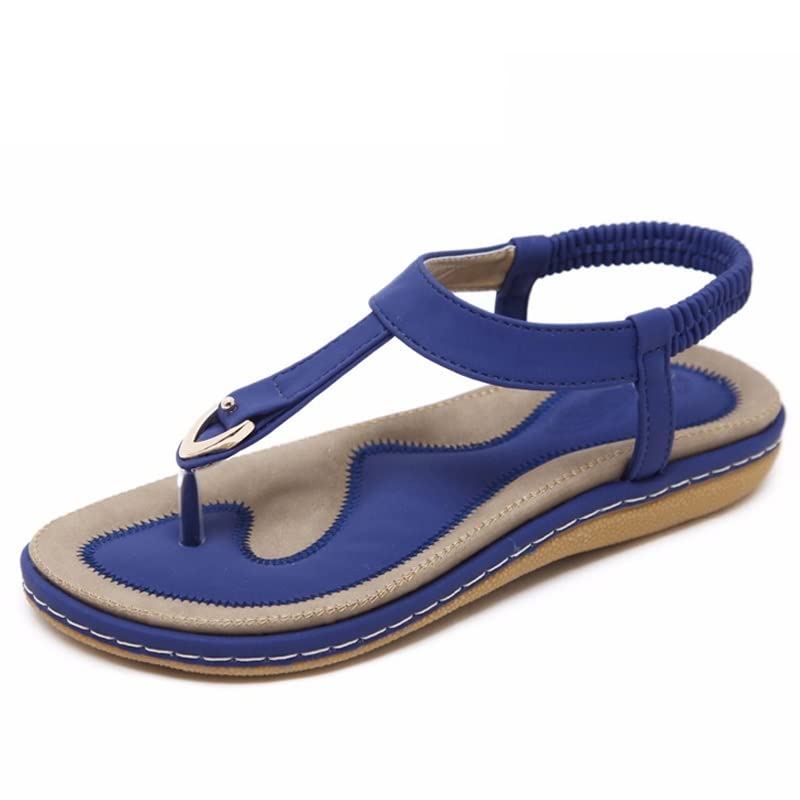 JrenBox Women's Bohemian Ethnic Flat Sandals - Soft & Comfortable Summer Casual Shoes for Women - Blue Size 5 | Perfect for Beach, Vacation & Everyday Wear