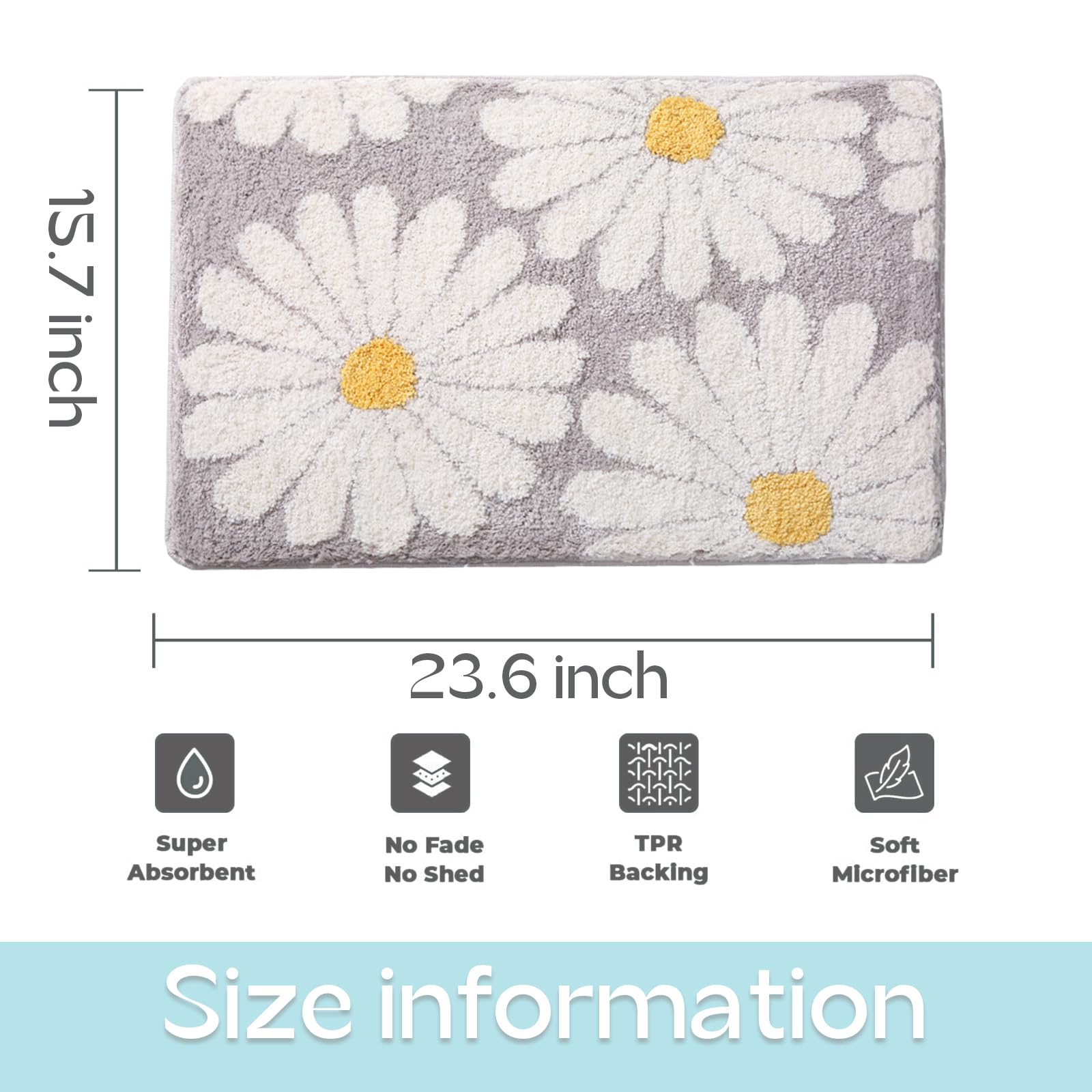 Soft Fluffy Daisy Bathroom Rug - Absorbent & Anti-Slip Shaggy Bath Mat, Cute Cartoon Flower Grey Decor for Home (15.7x23.6 Inch) - Perfect for Bathroom, Bedroom & Kids Room Decor