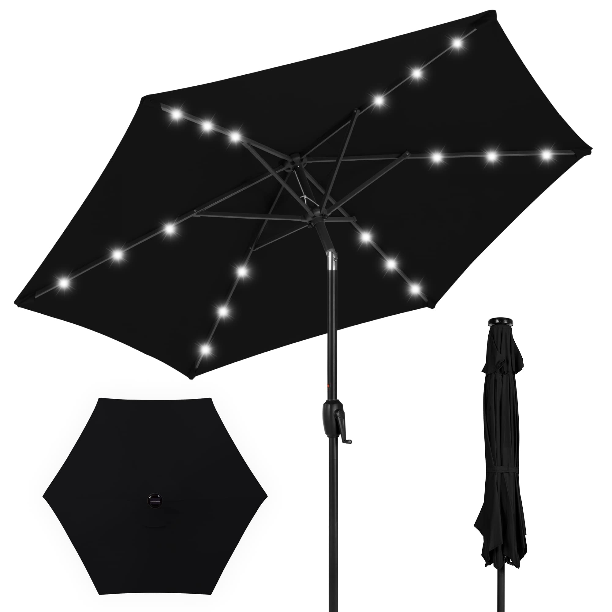 Best Choice Products 7.5ft Outdoor Solar Powered LED Patio Umbrella with Tilt & Crank - Perfect for Poolside, Deck, Garden, and Backyard Relaxation - Black