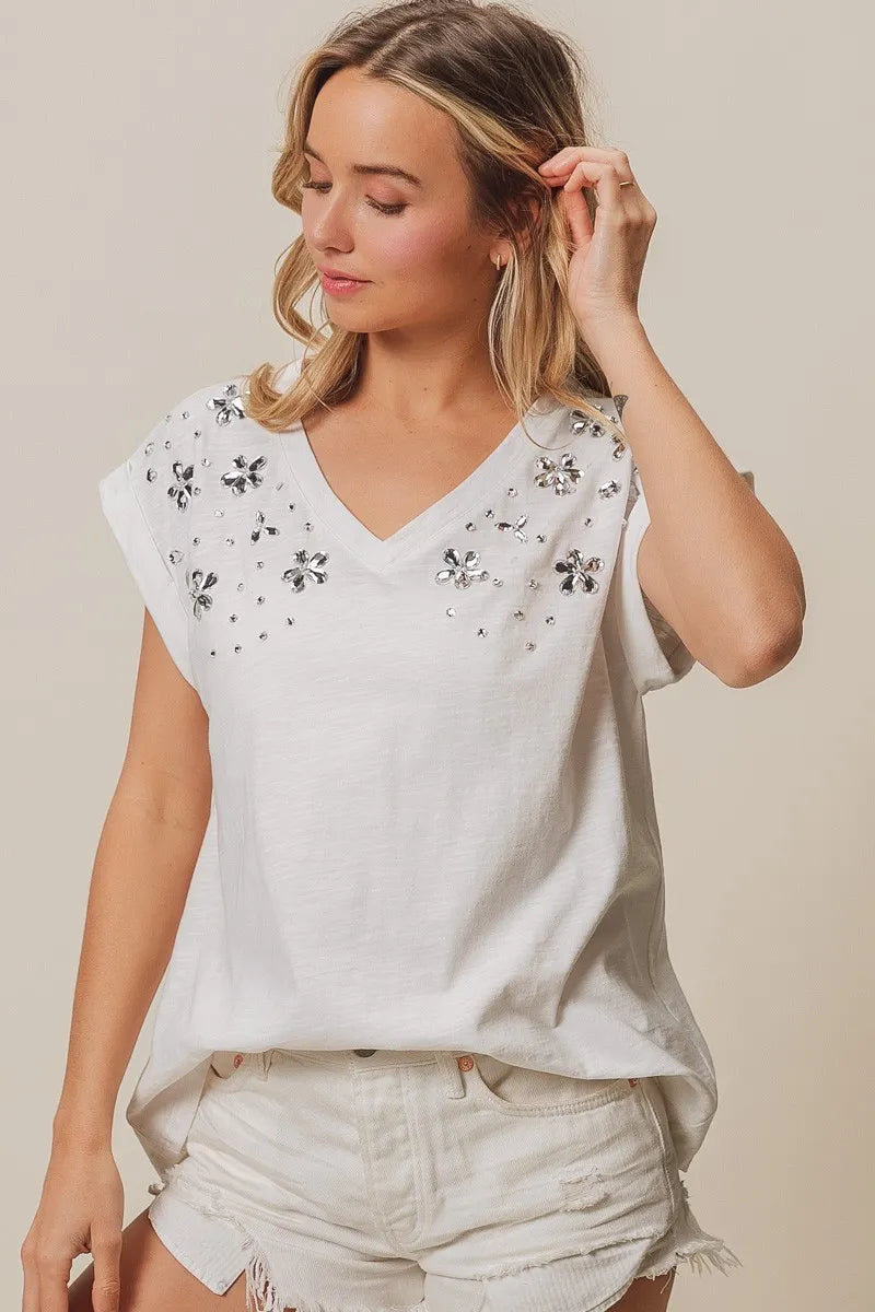 BiBi Slub Jersey Rhinestone V Neck Top - Women's Fashion Blouse for Party & Evening Wear - Elegant & Stylish Casual Outfit