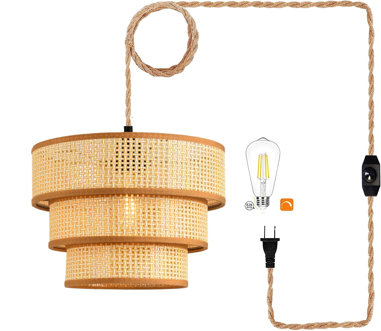 XININSUN 15FT Plug in Pendant Light - Dimmable Rattan Wicker Woven Drum Lampshade, Rustic Boho Ceiling Light Fixture for Bedroom, Living Room, Dining Room - Perfect for Cozy Home Decor & Ambient Lighting (1 Pack)