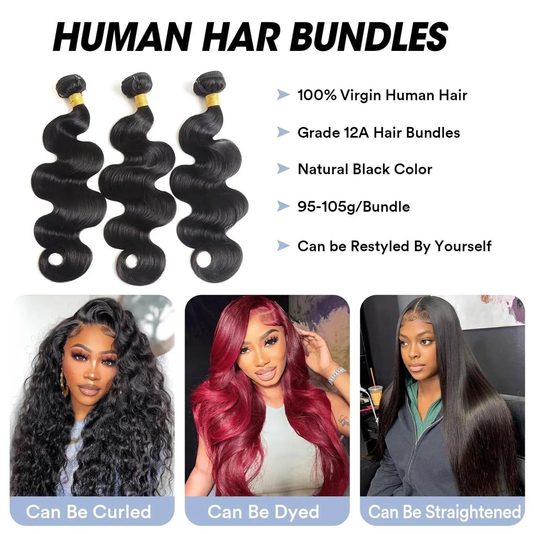 Aelinsi 100% Unprocessed Brazilian Virgin Human Hair Bundles - Body Wave 12A Grade (22, 24, 26 Inch) Natural Color Hair Extensions for Women | Perfect for Daily Wear, Styling, and Special Occasions