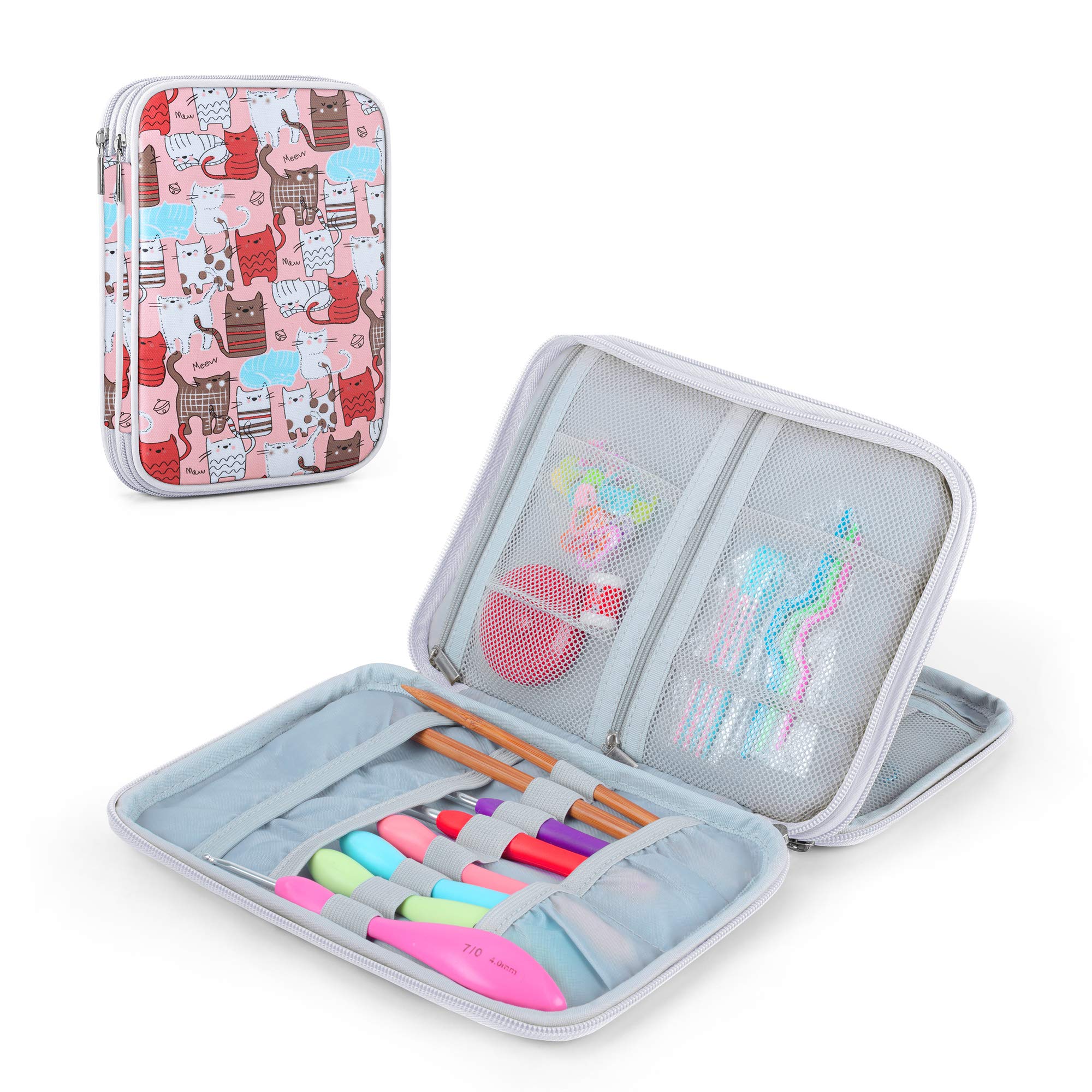 Teamoy Crochet Hook Case - Travel Storage Organizer for Swing Crochet Hooks, Lighted Hooks & Needles (Up to 8 Inch) - Perfect for Knitting Projects, Yarn Crafts & On-the-Go Needlework - Cats Pink Design (Accessories Not Included)