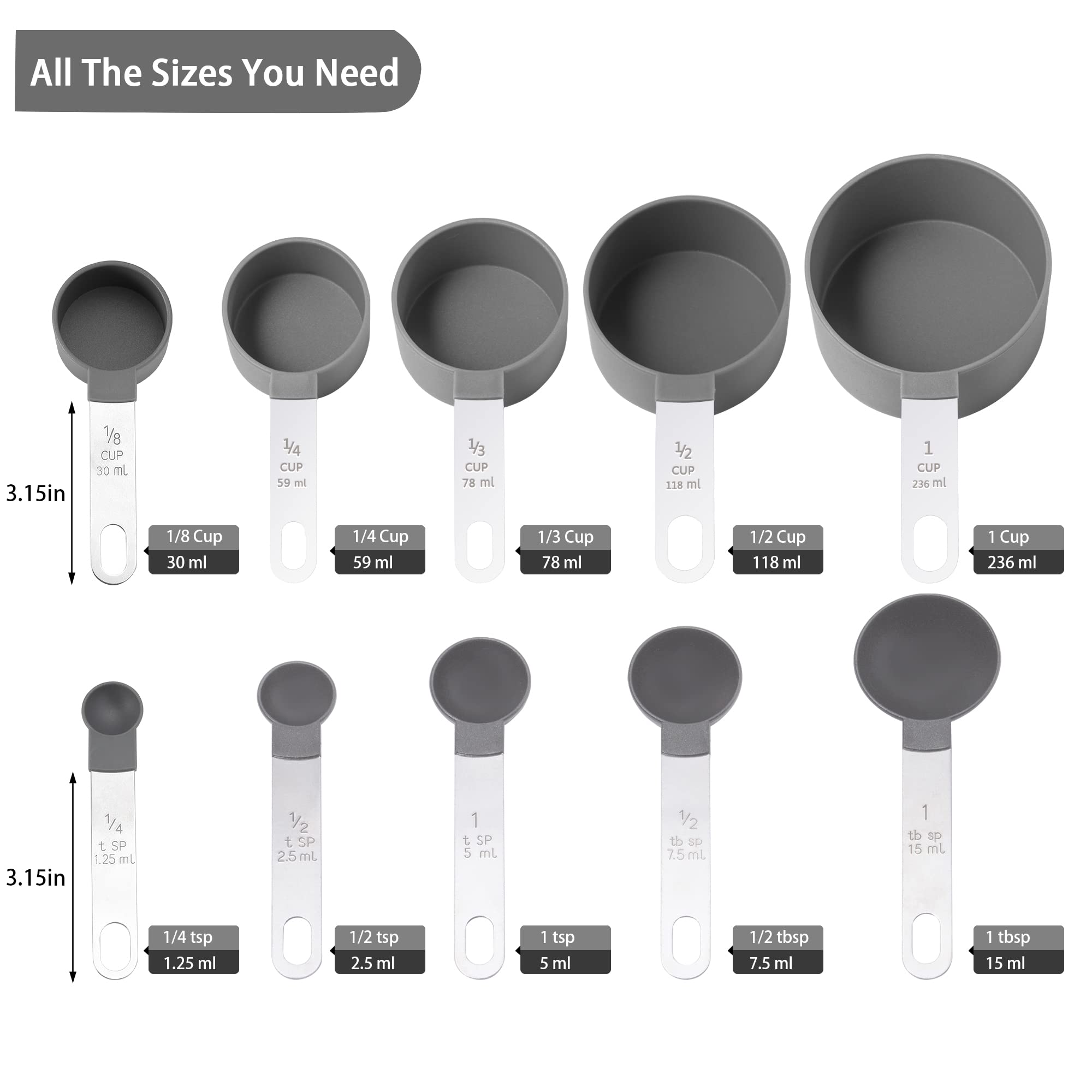 Premium 10-Piece Stainless Steel Measuring Cups and Spoons Set - Stackable Kitchen Gadgets for Dry & Liquid Ingredients (Gray) - Perfect for Baking, Cooking & Meal Prep