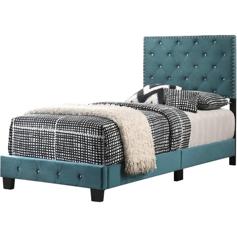 Glory Furniture Suffolk Velvet Upholstered Twin Bed in Green - Luxurious Velvet Twin Size Bed Frame for Kids & Teens Bedroom, Guest Room, or Dormitory