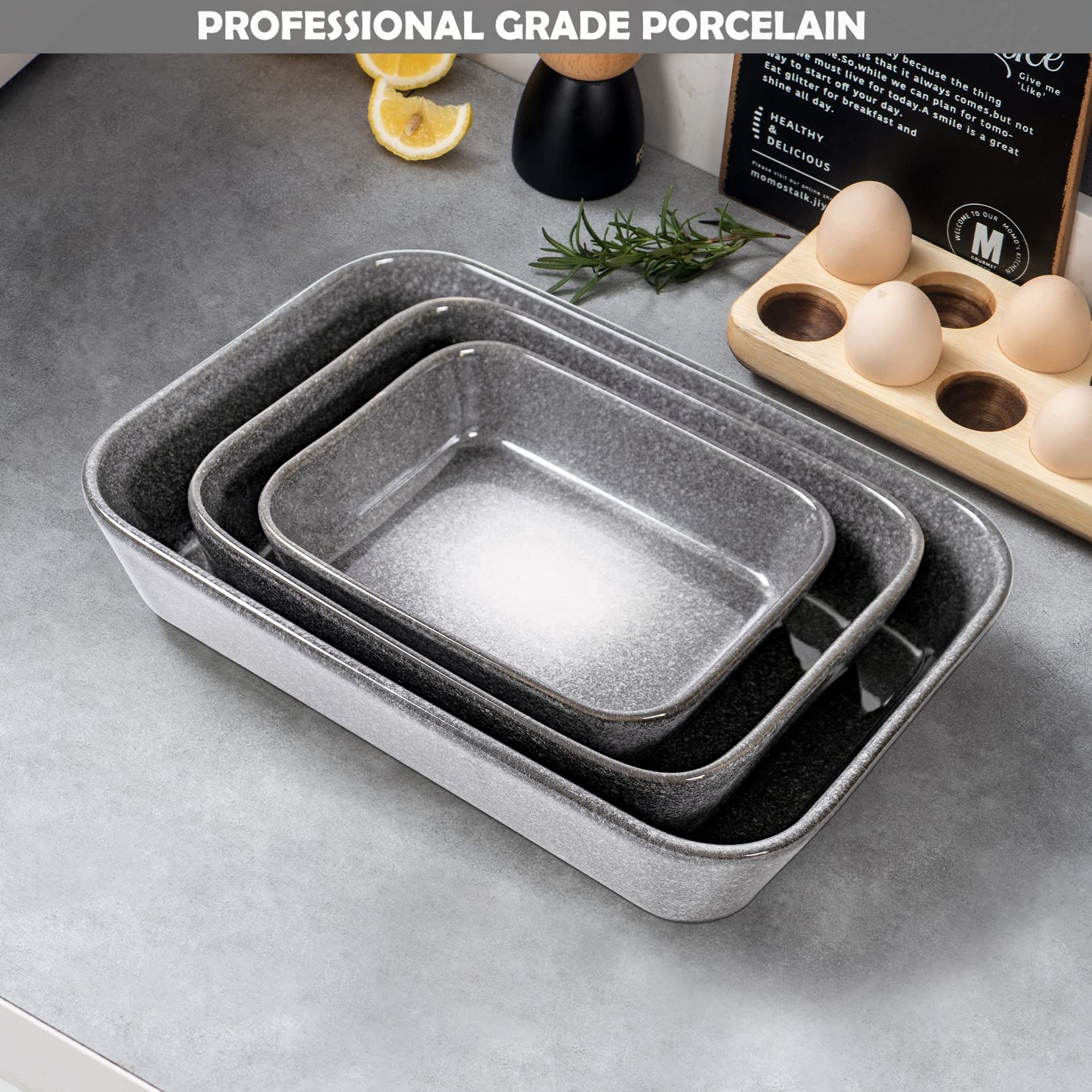 UNICASA 9x13 Inch Ceramic Casserole Dish Set of 3 - Oven Safe Baking Pans for Lasagna, Cakes & Dinner | Durable Bakeware for Cooking, Banquets & Family Meals (Gray)