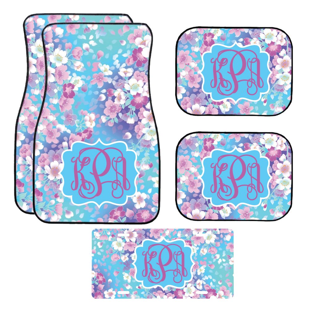 Premium Blue Cherry Blossom Car Floor Mats & Custom License Plate Set (2 Front + 2 Rear Mats + Vanity Plate) - Waterproof All-Weather Protection for Sedans, SUVs & Trucks - Perfect Gift for Car Enthusiasts & Spring Decor
