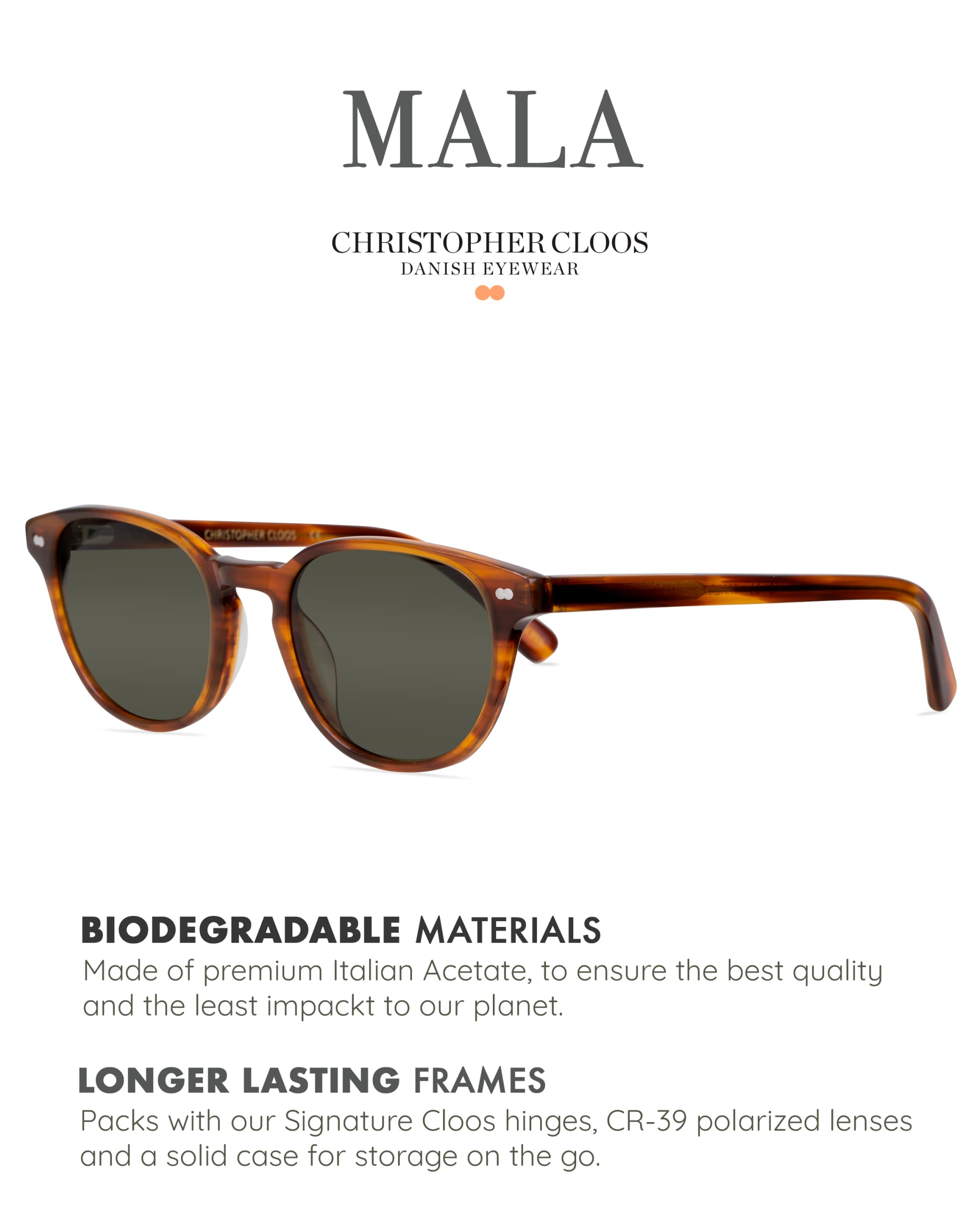 Christopher Cloos Mala Bourbon Round Polarized Sunglasses for Men & Women - UV Protection Unisex Fashion Shades with Case - Perfect for Driving, Beach & Outdoor Activities