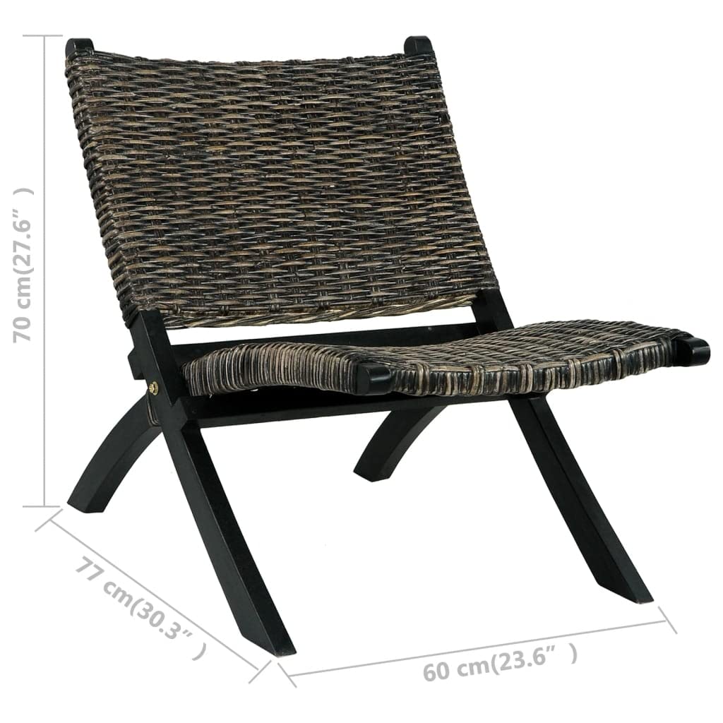Black Natural Kubu Rattan & Solid Mahogany Lounge Chair - Armless Accent Chair for Office, Living Room, Bedroom & Reading Nook - Comfortable Reception Seating for Home & Workspace