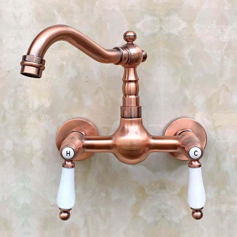 Antique Red Copper Wall Mounted Bathroom Sink Faucet - Dual Handle Ceramic Lever Swivel Spout Mixer Tap for Kitchen & Basin | Vintage Style Bathroom Upgrade, Farmhouse Decor
