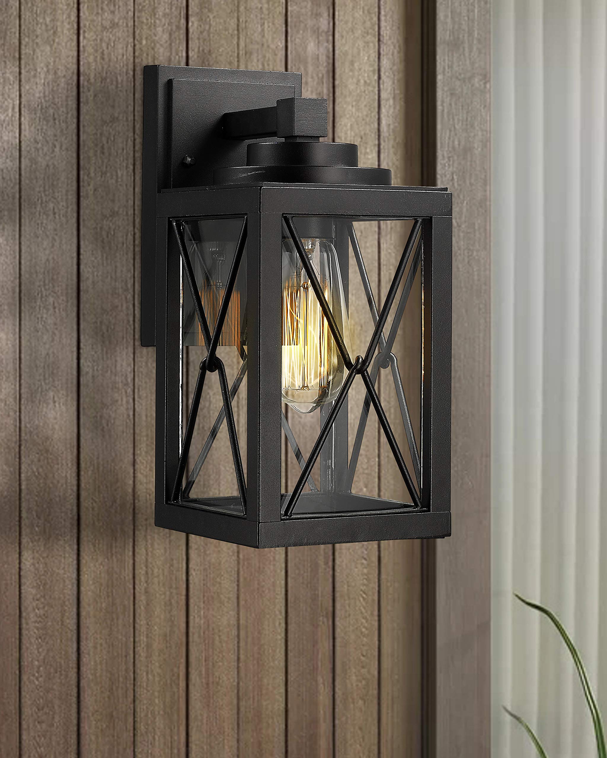 Emliviar Modern Black Outdoor Wall Mount Light Fixture - Clear Glass Exterior Wall Sconce for Porch, Patio, Garden & Entryway Lighting (0387BK)