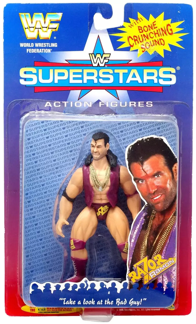 1996 WWF Jakks Pacific Superstars Series 1 Razor Ramon Wrestling Action Figure with J Hook Card - Perfect for Collectors and WWF Memorabilia Displays
